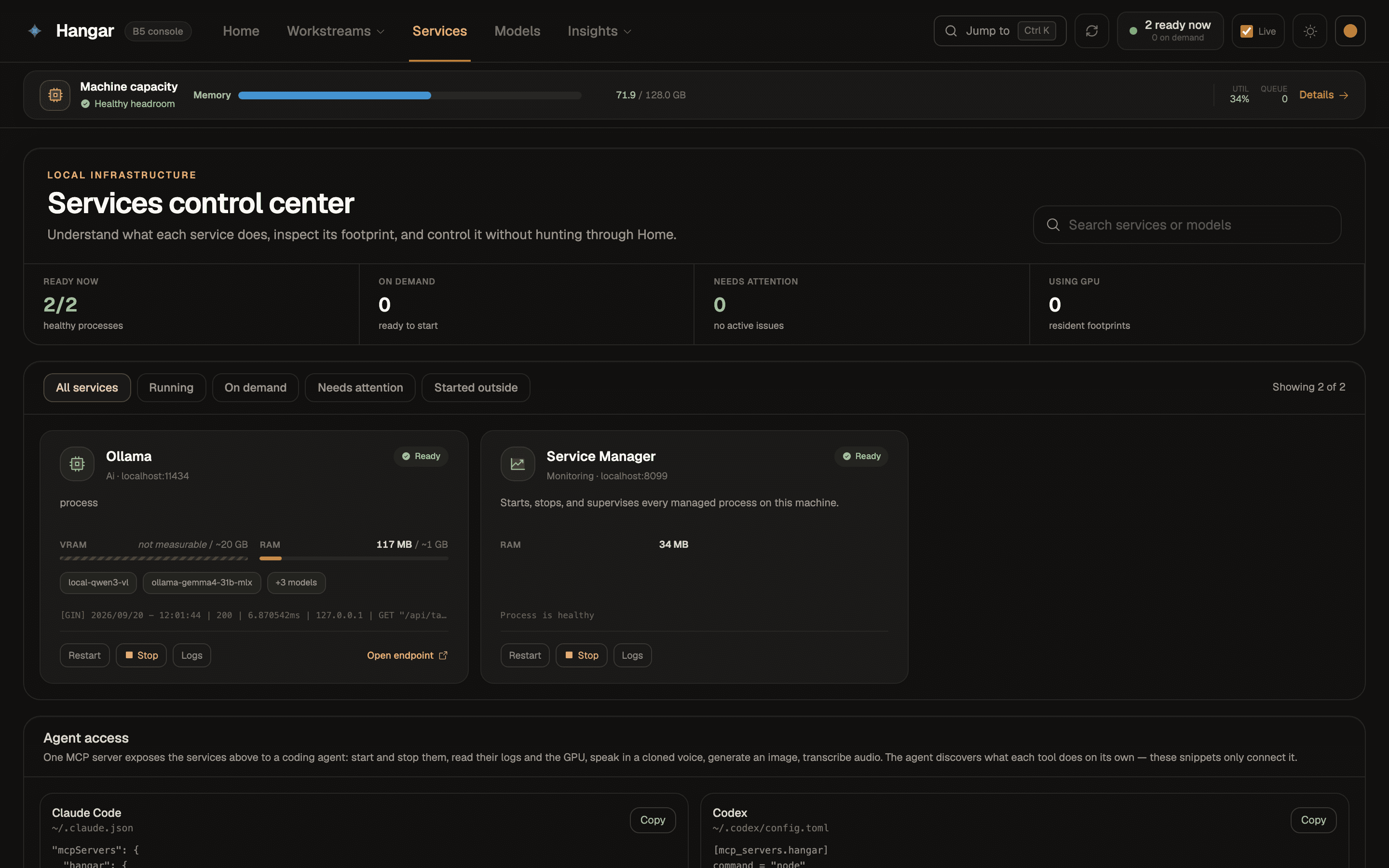 Hangar services control center showing Ollama, the service manager, and agent access configuration