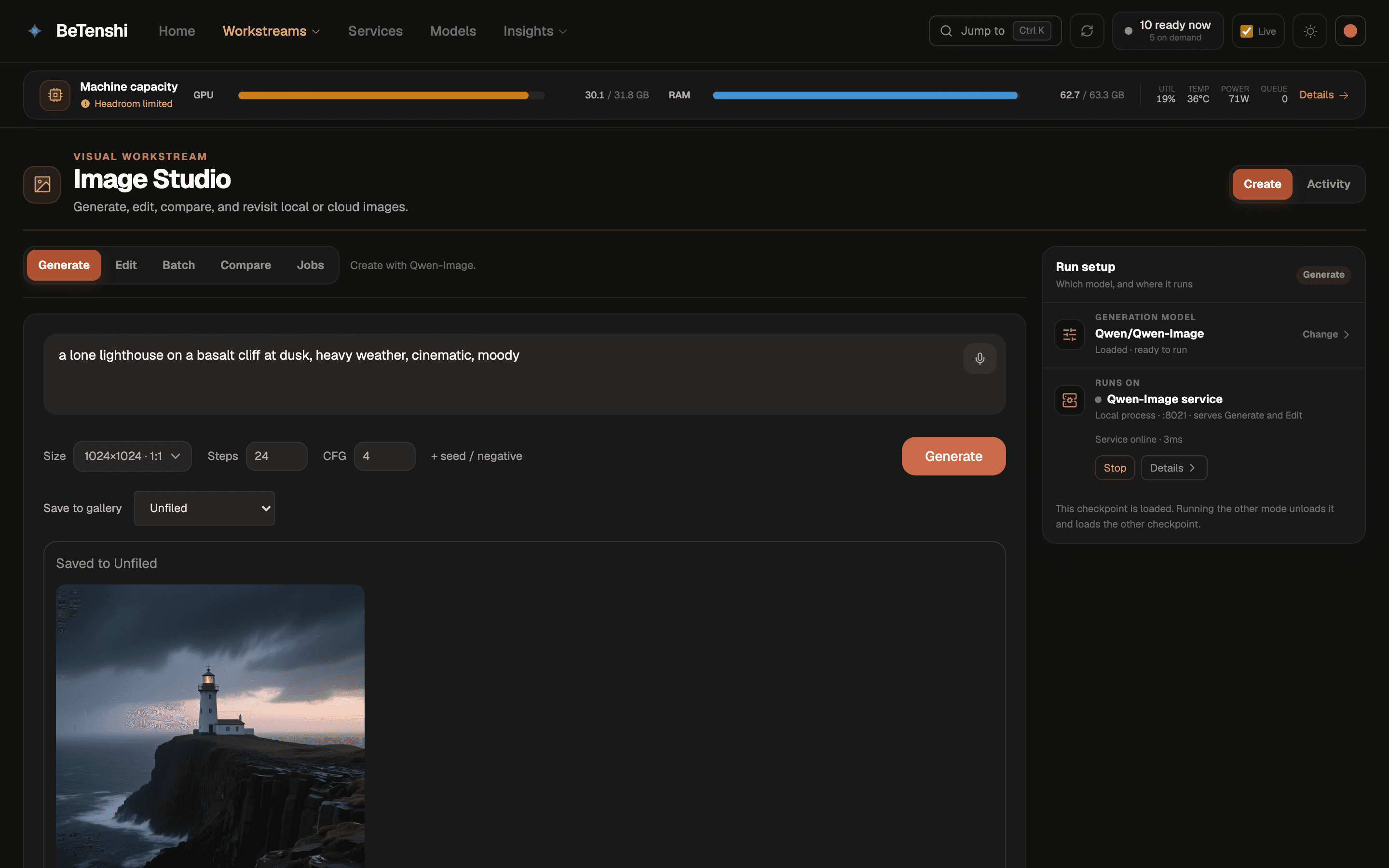 Hangar Image Studio on a configured NVIDIA host showing a locally generated lighthouse image